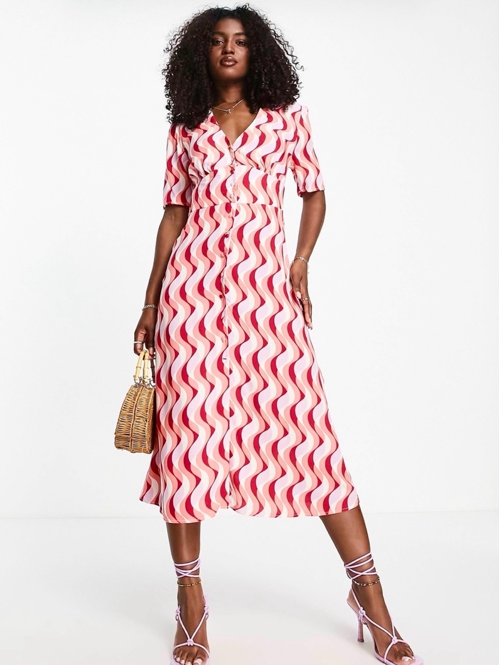 Anthropologie Nobody’s Child Alexa Red + Pink Wavy Button-Front Midi Dress - Picture 9 of 11